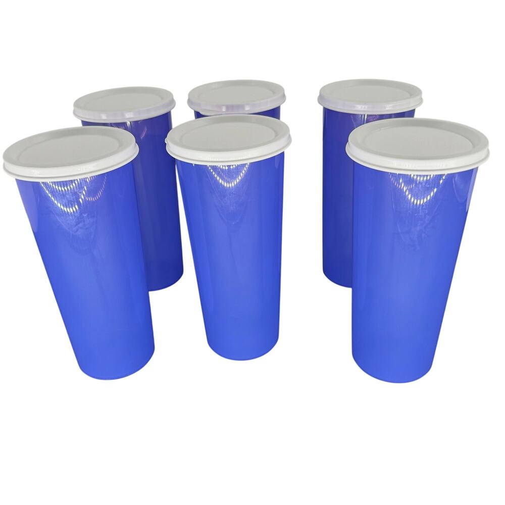 Set of 6 Tupperware Blue Plastic Tumbler Cups 16oz Straight Sided White Lids